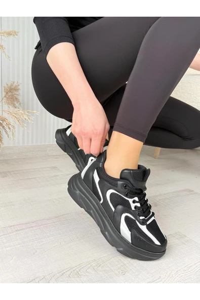Melina Siyah Siyah Garantili Günlük Rahat Tarz Tabanı Dikişli Bağcıklı Sneaker Ayakkabı MELINA-1779 - 2
