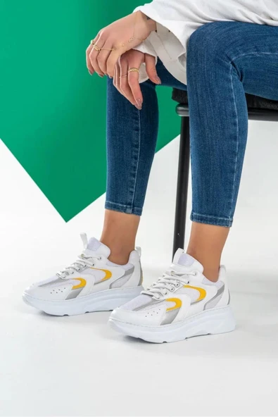 Melina Beyaz Sarı Garantili Günlük Rahat Tarz Tabanı Dikişli Bağcıklı Sneaker Ayakkabı MELINA-1779 - 1