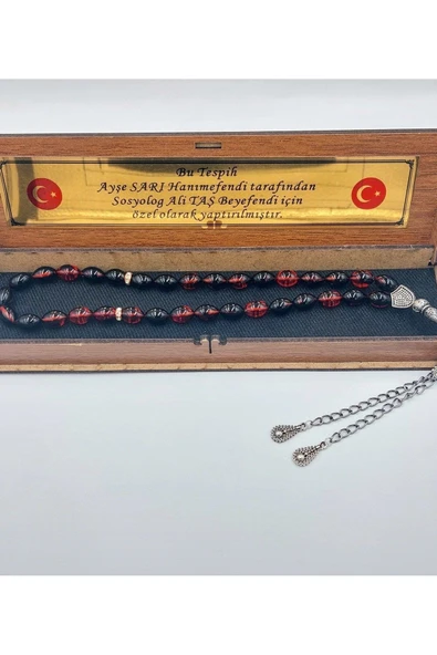 Alpaka Püskül Siyah Kırmızı Arpa Kesim Ateş Kehribar Tespih - 3