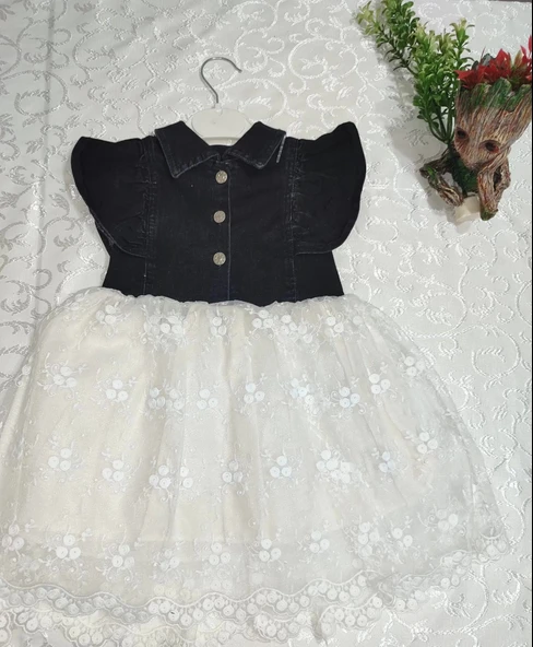 Eterelle 2-3-4 Yaş Astarlı Brode Etekli Kot Kumaş Düğmeli Kız Çocuk Elbisesi Siyah - 2