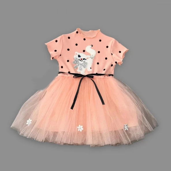 Eterelle 1-2-3 Yaş Payetli Kedicik Baskılı Puantiyeli Kız Bebek Elbisesi Pudra - 2