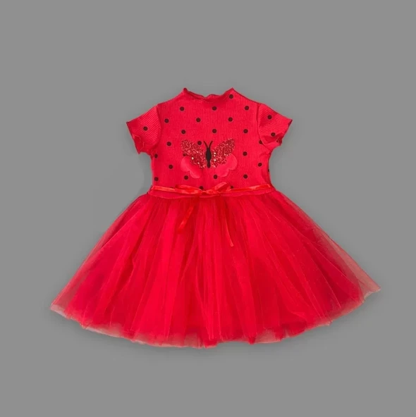 Eterelle 5-6-7 Yaş Payetli Kelebek Desenli Puantiyeli Kız Çocuk Elbisesi Kırmızı - 2