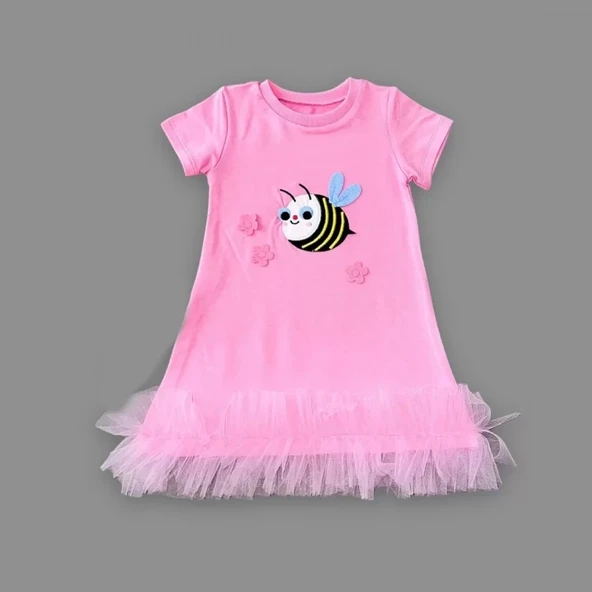 Eterelle 1-2-3 Yaş Arıcık Nakışlı Eteği Fırfırlı Jile Kız Çocuk Elbisesi Pembe - 2