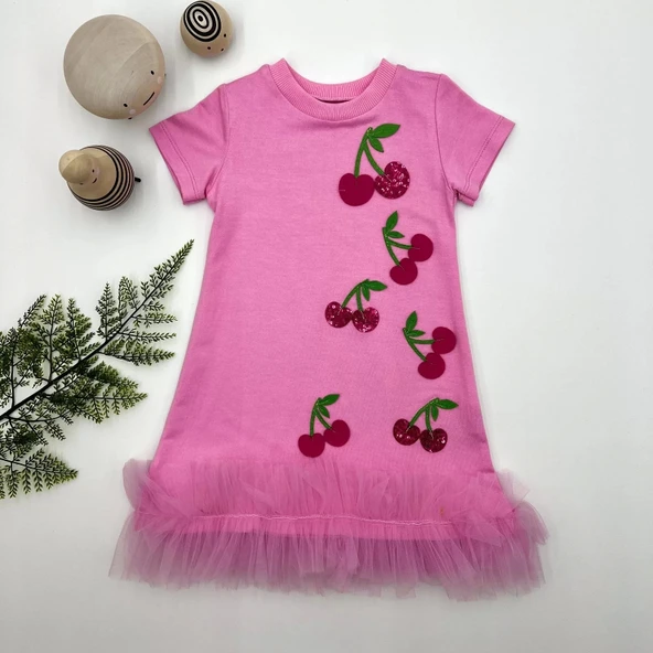 Eterella Petli Kiraz Nakışlı Eteği Fırfırlı Jile Kız Çocuk Elbisesi Pembe