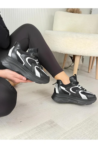 Melina Siyah Siyah Garantili Günlük Rahat Tarz Tabanı Dikişli Bağcıklı Sneaker Ayakkabı MELINA-1779 - 3