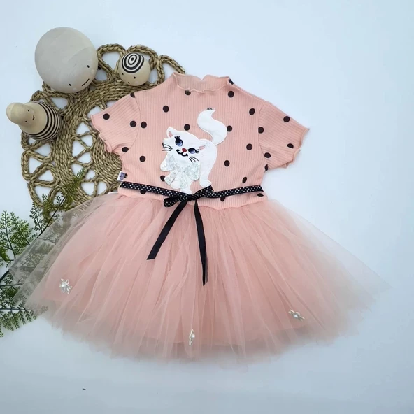 Eterelle 1-2-3 Yaş Payetli Kedicik Baskılı Puantiyeli Kız Bebek Elbisesi Pudra