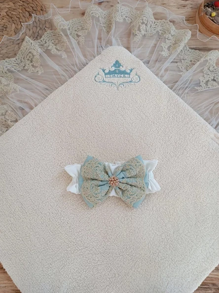 Eterelle Yenidoğan Kuzulu Taç Nakış Güpürlü Fiyonklu Duvaklı Prizma Taş Unisex Kundak Bebek Battaniyesi Su Yeşili - 4