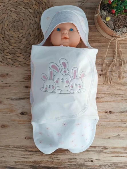 Eterelle Yenidoğan Tavşan Tayfalar Nakışlı Çıt Çıt Kapamalı Bebek Kundak Ekru - 2
