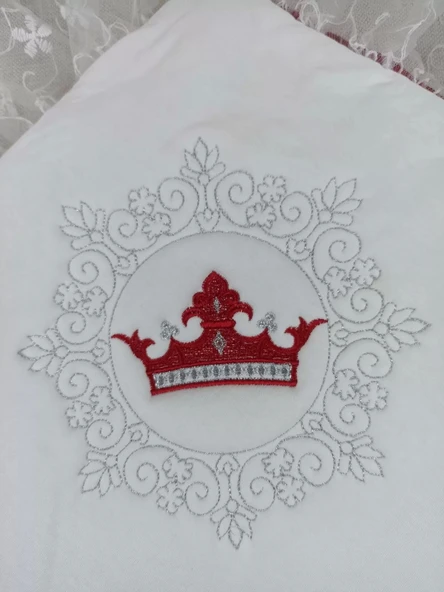 Eterelle Yenidoğan Saray Kadife Taç Nakışlı İnci Fiyonklu Dantel Duvak Trilüks Kundak Bebek Battaniye Bordo - 3