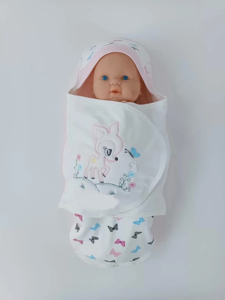 Eterelle Yenidoğan İlk Baharın Ceylanı Nakışlı Çıt Çıt Kapama Bebek Kundak Ekru - 4