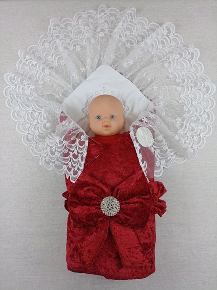 Eterelle Yenidoğan Saray Kadife Taç Nakışlı İnci Fiyonklu Dantel Duvak Trilüks Kundak Bebek Battaniye Bordo - 2