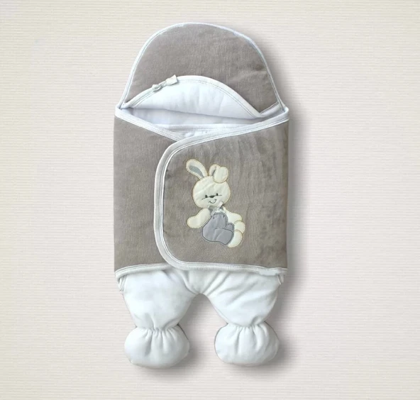 Eterelle Yenidoğan Kadife Kumaş Ayıcık Nakışlı Şapkalı Kız Erkek Bebek Ayaklı Kundak Bebek Battaniyesi Kahverengi