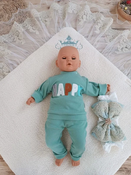 Eterelle Yenidoğan Kuzulu Taç Nakış Güpürlü Fiyonklu Duvaklı Prizma Taş Unisex Kundak Bebek Battaniyesi Su Yeşili - 3