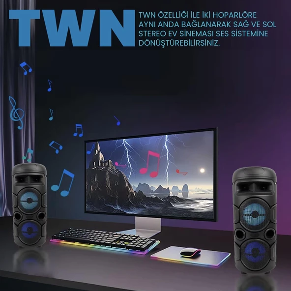 UpWay Mikrofonlu Led Işıklı AUX USB TF Kart Destekli FM Radyolu Stereo Bluetooth Hoparlör - 7