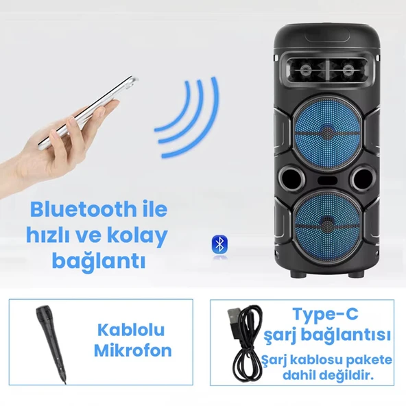 UpWay Mikrofonlu Led Işıklı AUX USB TF Kart Destekli FM Radyolu Stereo Bluetooth Hoparlör - 3