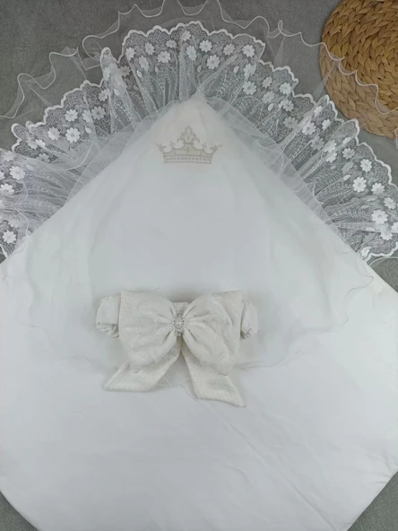 Eterelle Yenidoğan Kumru Soft Cotton Taç Nakışlı Trilüks Kundak Bebek Battaniyesi Ekru - 3