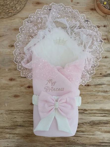 Eterelle Bal Peteği My Princess Taç Nakış İnci Fiyonklu Dantel Duvaklı Delüks Kundak Bebek Battaniyesi Pembe ürün görseli