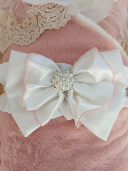 Eterelle Yenidoğan Wool Yün Kumaş Taç Nakışlı Güpür Duvaklı Fiyonk Prizma Taş Unisex Kundak Bebek Battaniyesi Pembe - 7