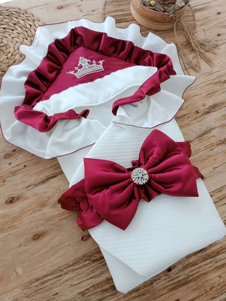 Eterelle Yenidoğan Mehtap Lüks Kelebek Taç Nakışlı Bebek Battaniyesi Kundak Bordo - 2