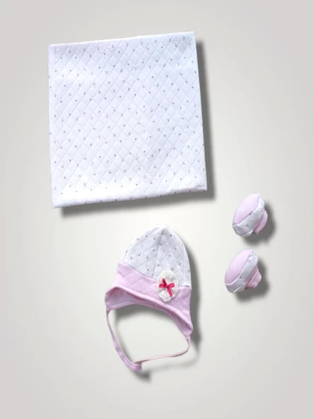 Eterelle Yenidoğan Baskılı Double Face Şapka Ve Patikli 3lü Bebek Battaniye Takımı Pembe