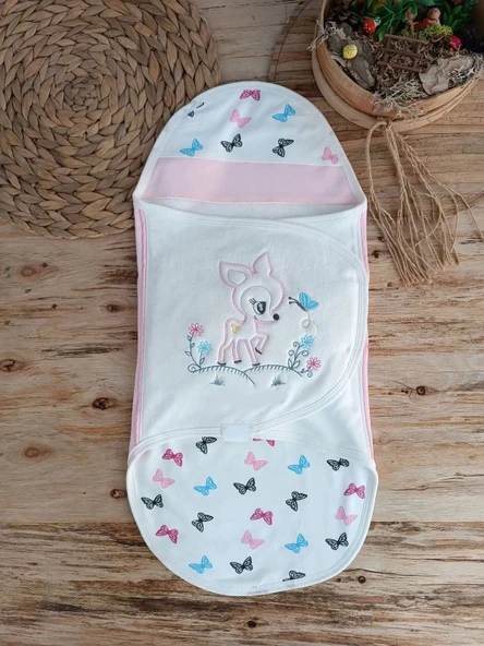 Eterelle Yenidoğan İlk Baharın Ceylanı Nakışlı Çıt Çıt Kapama Bebek Kundak Ekru