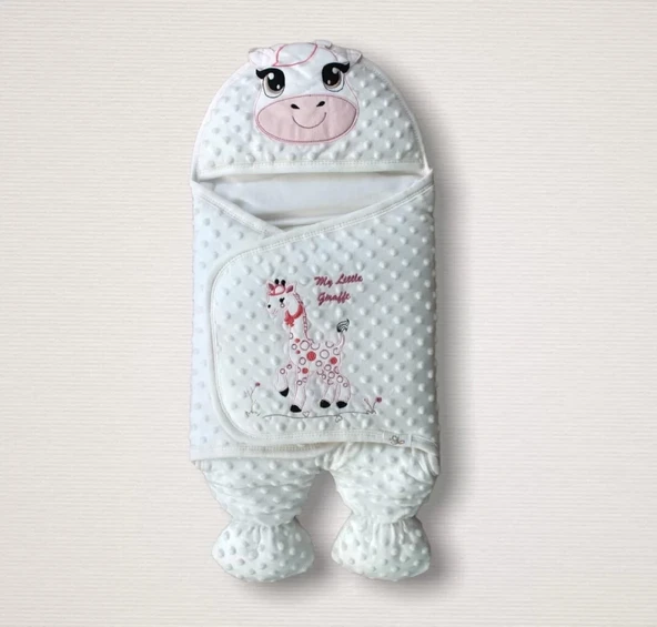 Eterelle Yenidoğan Zürafa Nakışlı Şapkalı Kız Erkek Bebek Ayaklı Kundak Bebek Battaniyesi Pembe