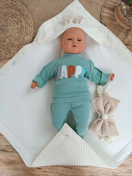 Eterelle Yenidoğan Kulaklı Şapkalı Düğme Detaylı Fiyonklu Bebek Battaniyesi Kundak Krem - 3