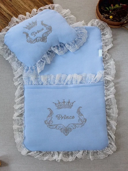 Eterelle Yenidoğan Sahra Taç Nakışlı Trilüks 2li Alt Açma Seti Mavi