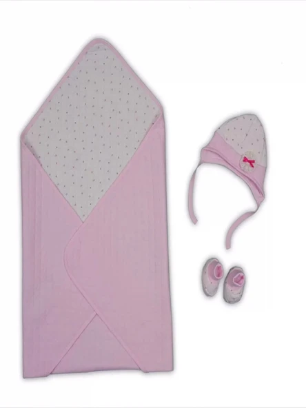 Eterelle Yenidoğan Baskılı Double Face Şapka Ve Patikli 3lü Bebek Battaniye Takımı Pembe - 2