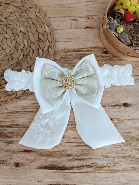 Eterelle Yenidoğan Titi Taç Nakışlı Plazma Taşlı Güpürlü Çift Fiyonk Duvaklı Trilüks Kundak Bebek Battaniyesi Gold - 4