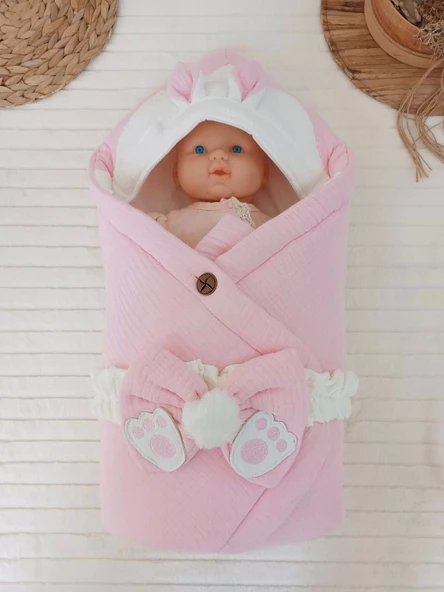 Eterelle Yenidoğan 4 Kat Müslin Kumaş Kulaklı Patili Fiyonk Bebek Battaniyesi Kundak Pembe - 2