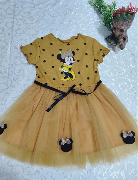 Eterelle 2-3-4 Yaş Puantiyeli Mickey Baskılı Kurdela Kuşaklı Astarlı Kız Bebek Tütü Elbisesi Hardal - 3