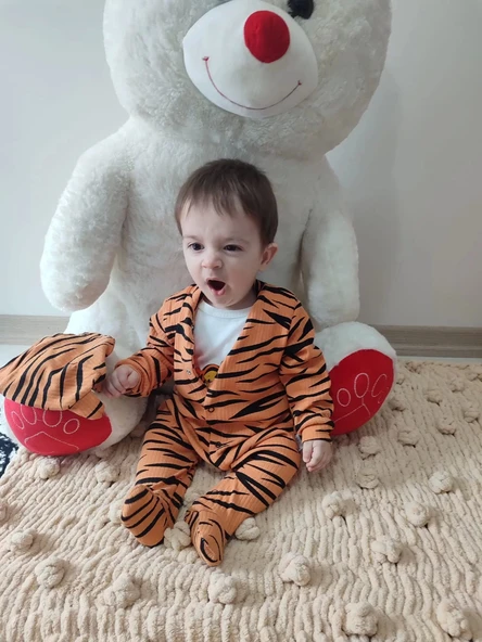 Eterelle 3-6-9-12 Ay Pooh Desenli Zebra Çizgili Şapkalı Sweatli 3lü Kız Erkek Bebek Tulumu(sarı) Sarı - 6