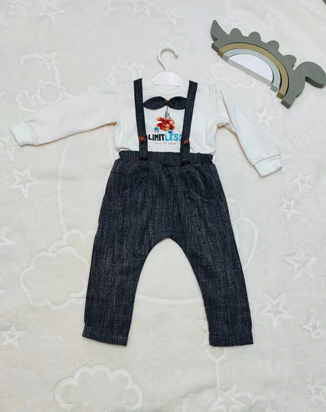 Eterelle 9-12-18 Ay Papyonlu Sweat Kot Pantolon 2li Erkek Bebek Salopet Takımı Gri - Resim 7