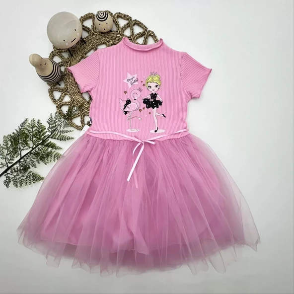 Eterella Flamingo Balerin Kız Baskılı Kurdela Kuşaklı Astarlı Kız Çocuk Tütü Elbise Pembe