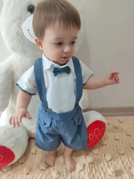 Eterelle 9-12-18-24 Ay Papyonlu Gömlek 2li Erkek Bebek Salopet Takımı İndigo - 8