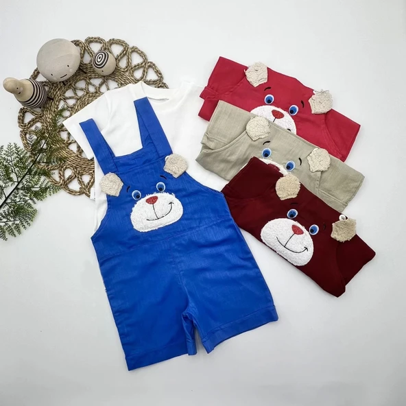 Eterelle 1-2-3 Yaş Keten Kumaş Tişörtlü Ayıcık Nakışlı Şort 2li Kız Erkek Bebek Salopet Takımı İndigo - Resim 2