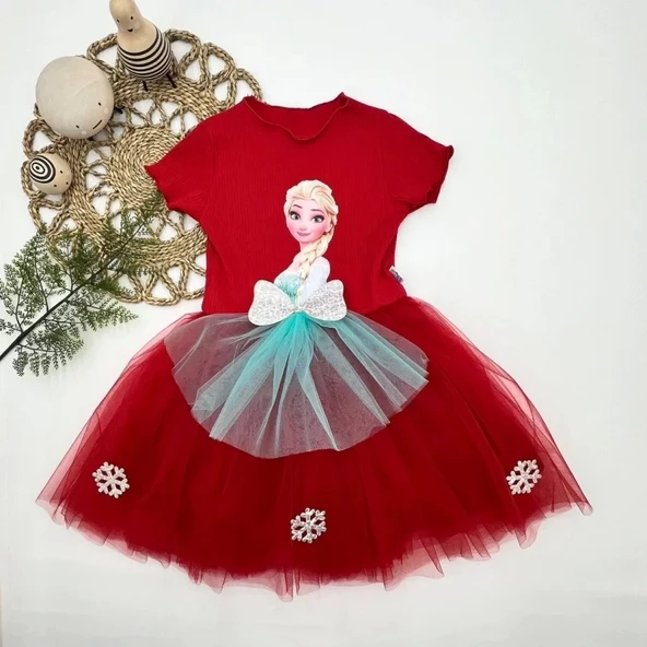 Eterella Elsa Desenli Fiyonklu Tül Etekli Astarlı Kısa Kollu Kız Çocuk Tütü Elbise Kırmızı
