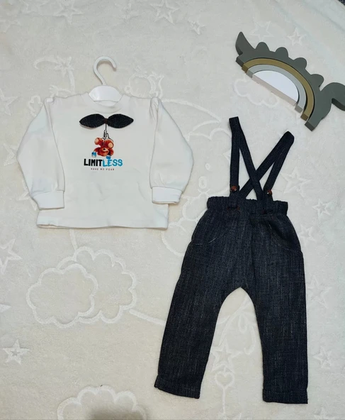 Eterelle 9-12-18 Ay Papyonlu Sweat Kot Pantolon 2li Erkek Bebek Salopet Takımı Gri - Resim 2