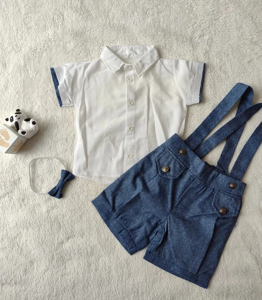 Eterelle 9-12-18-24 Ay Papyonlu Gömlek 2li Erkek Bebek Salopet Takımı İndigo - 2