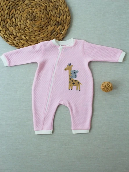 Eterelle 6-9 12-18 18-24 24-36 Ay Animal Nakışlı Bal Peteği Kumaş Es Fermuarlı Kız Bebek Tulumu Pembe