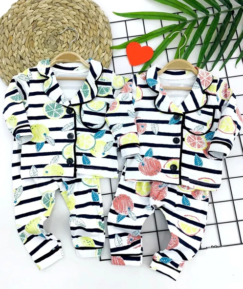Eterelle 9-12-18-24 Ay Çizgili Meyve Desenli Düğme Kapamalı 2li Kız Erkek Bebek Pijama Takımı Sarı