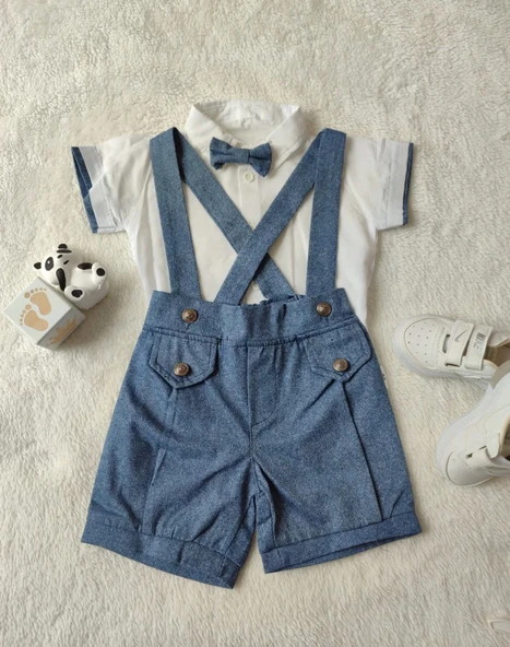 Eterelle 9-12-18-24 Ay Papyonlu Gömlek 2li Erkek Bebek Salopet Takımı İndigo - 3