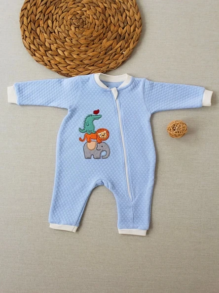 Eterelle 6-9 12-18 18-24 24-36 Ay Animal Nakışlı Bal Peteği Kumaş Es Fermuarlı Erkek Bebek Tulumu Mavi