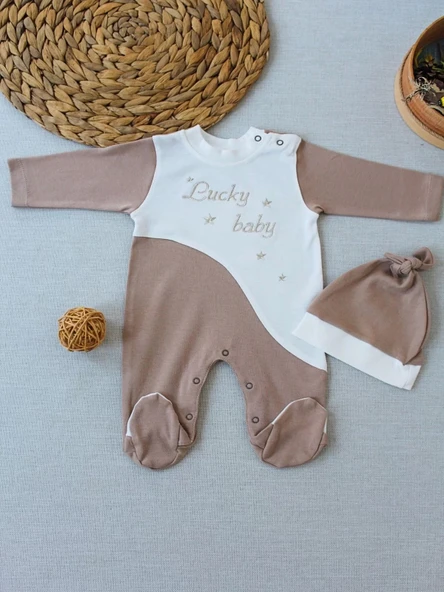 Eterella Lucky Baby Nakışlı Es Çizgi Boy Şapkalı Erkek Bebek Tulumu Kahverengi