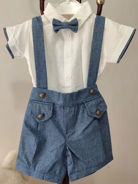 Eterelle 9-12-18-24 Ay Papyonlu Gömlek 2li Erkek Bebek Salopet Takımı İndigo - 5