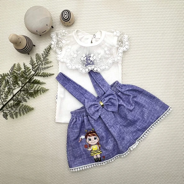 Eterelle 1-2-3 Yaş Bayan Arı Nakışlı Kot Desenli Etek Pamuklu Kumaş 2li Kız Bebek Salopet Takımı Mavi