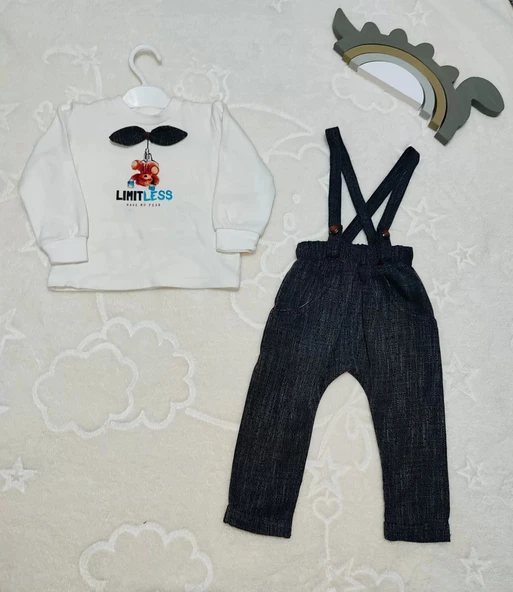 Eterelle 9-12-18 Ay Papyonlu Sweat Kot Pantolon 2li Erkek Bebek Salopet Takımı Gri - Resim 8