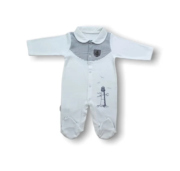 Eterelle 3-6 6-9 Ay Deniz Feneri Nakışlı Patikli Uzun Kollu Erkek Bebek Tulumu Ekru ürün görseli