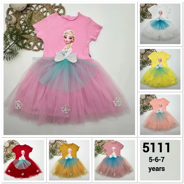 Eterelle 5-6-7 Yaş Elsa Desenli Fiyonklu Tül Etekli Astarlı Kısa Kollu Kız Çocuk Tütü Elbise Kırmızı - 2